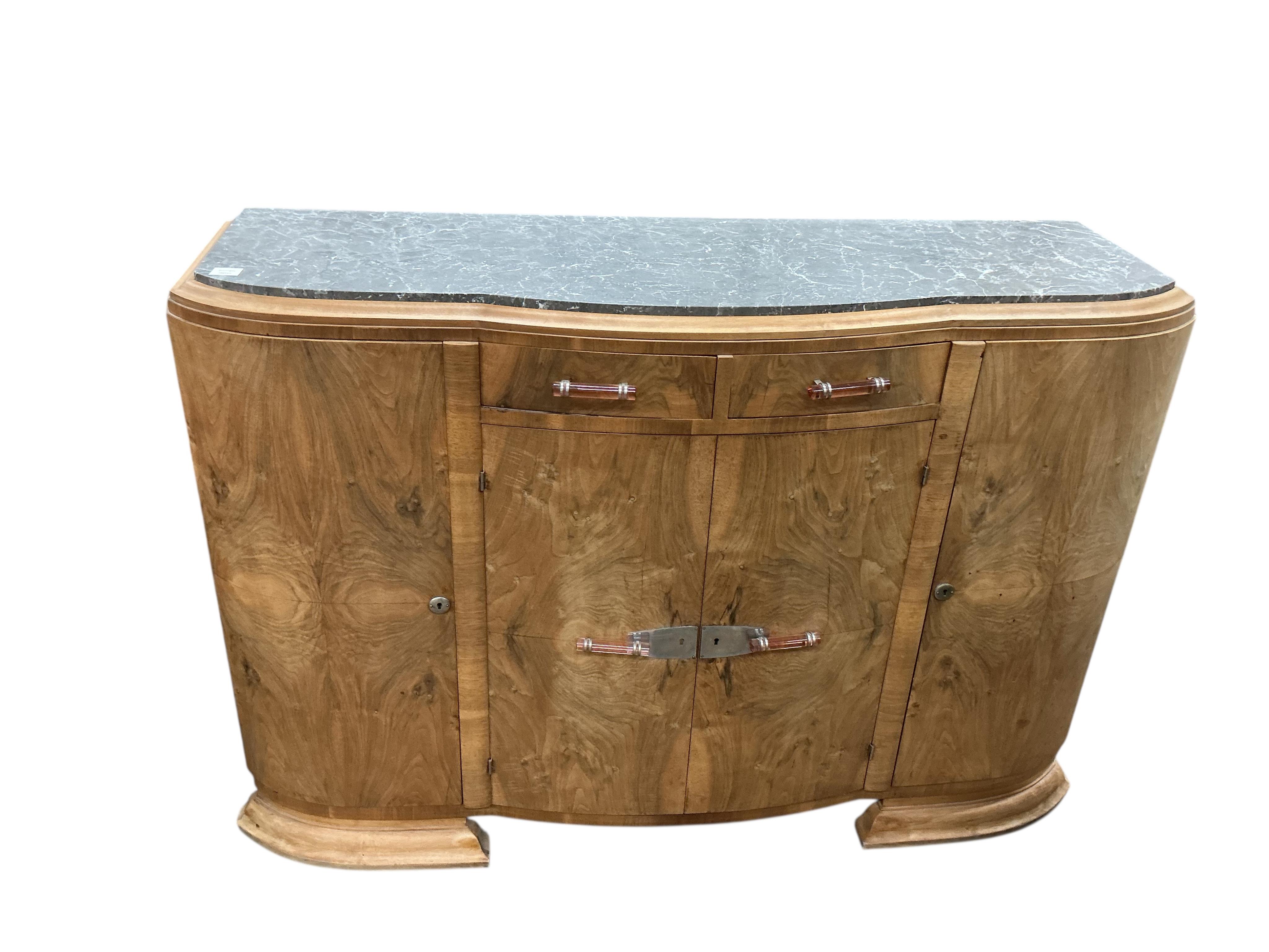 An Art Deco walnut marble topped bow front sideboard, width 158cm, depth 50cm, height 110cm